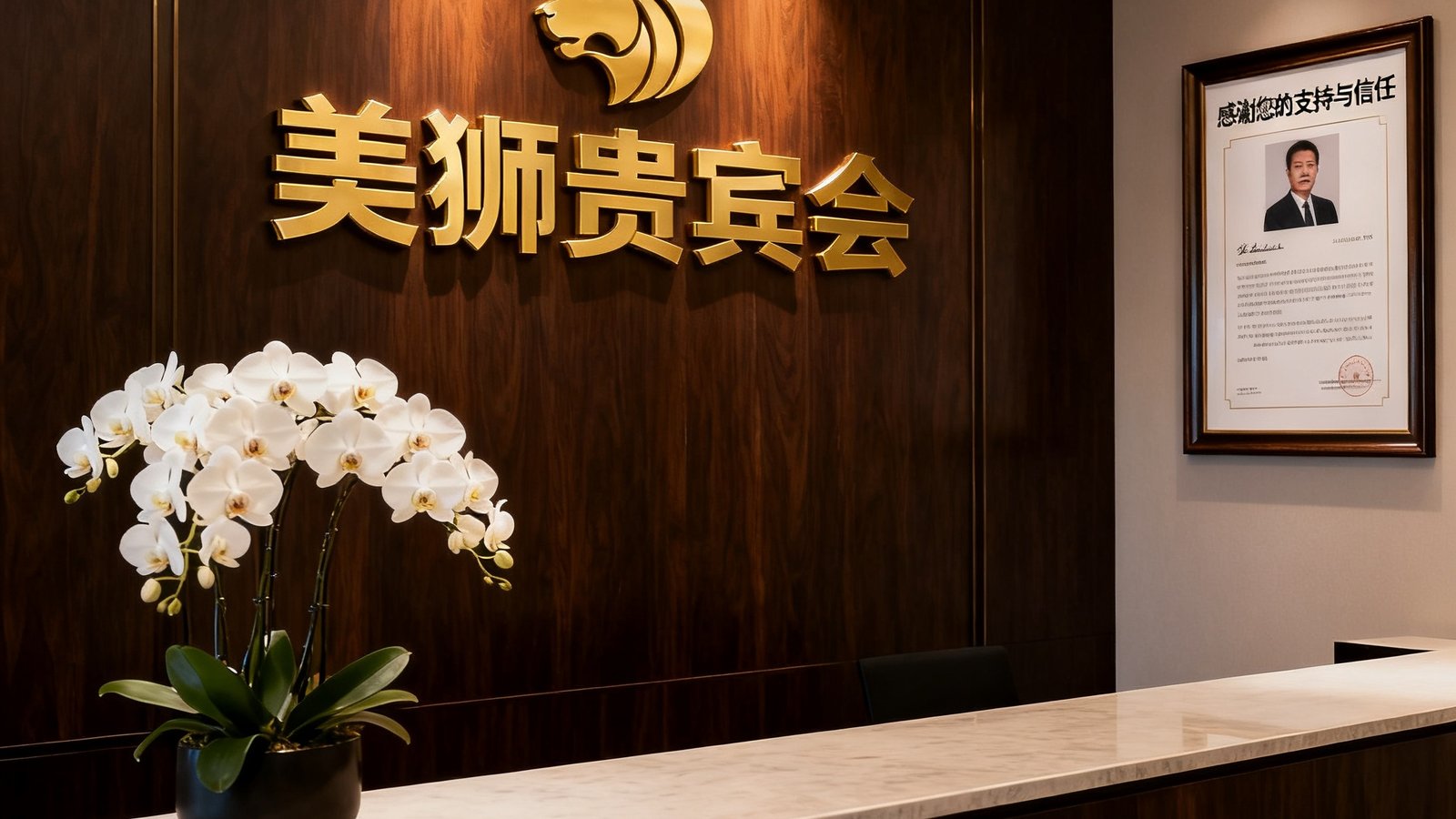 美狮贵宾会北京总部前台接待处，深色木质背景墙上方悬挂着公司金色Logo，前台桌面摆放着一束白色蝴蝶兰，右侧墙上装裱着创始人收到的那封感谢邮件，暖色灯光营造出沉稳专业的氛围。