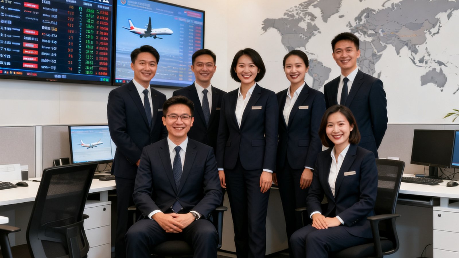 美狮贵宾会专属商旅顾问团队在现代化办公空间中合影，团队成员身着统一商务着装，面带微笑，背景是实时航班信息显示屏和世界地图墙。