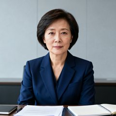 一位中年女性企业行政总监的职业肖像，短发干练，身着深蓝色西装外套，背景为简洁的办公室环境。